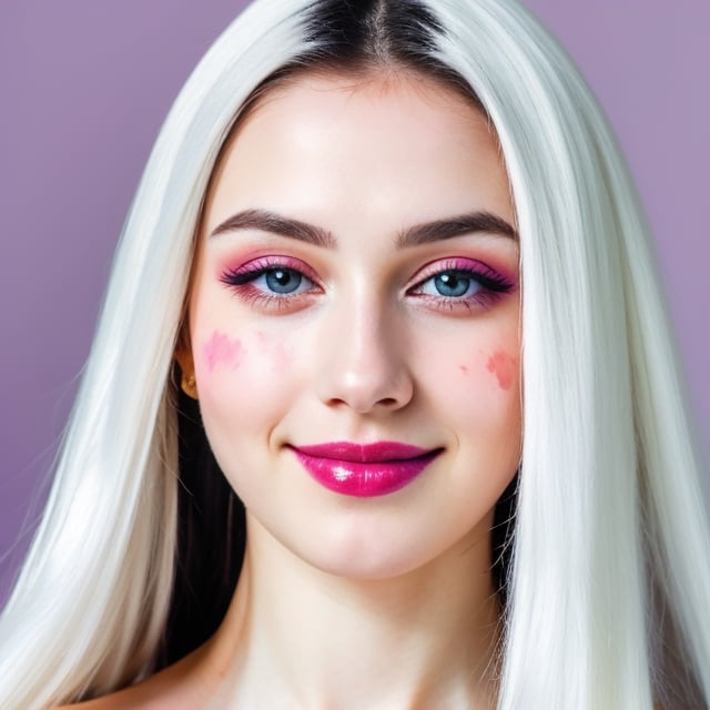 woman, beautiful face, perfect face, colorful eyes fully black hair, pale white skin, sexy marks, perfect, fully white abstract background, shiny purple accessories, purple theme, best quality, clear texture, details, canon eos 80d photo, light makeu, (mid parted straight hair: 0.7), smile, (white-background: 0.8)