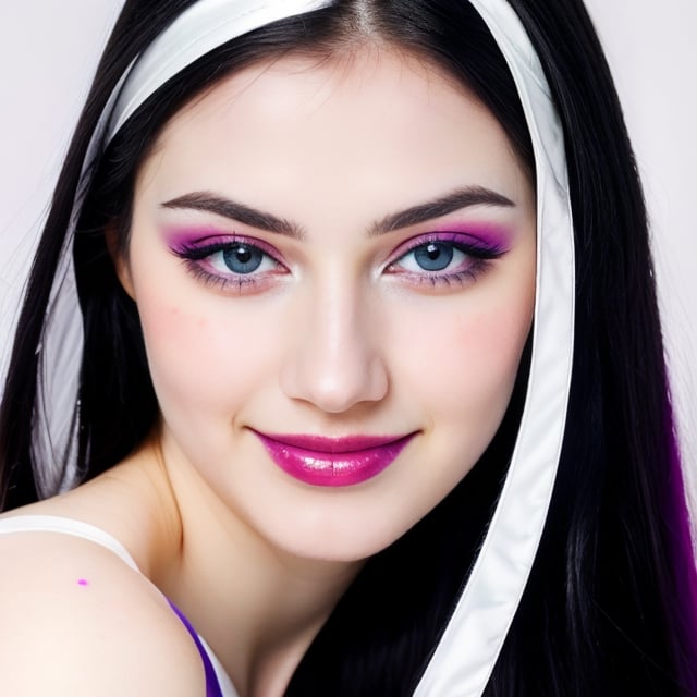 woman, beautiful face, perfect face, colorful eyes fully black hair, pale white skin, sexy marks, perfect, fully white abstract background, shiny purple accessories, purple theme, best quality, clear texture, details, canon eos 80d photo, light makeu, (mid parted straight hair: 0.7), smile, (white-background: 0.8)