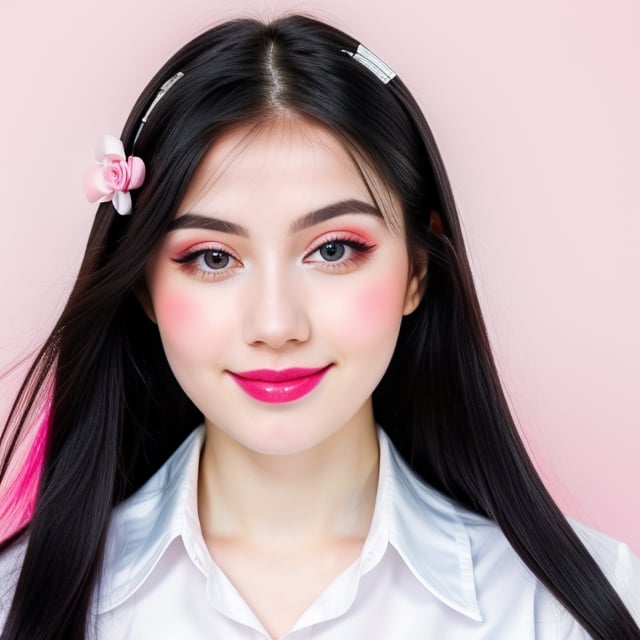 woman, beautiful face perfect face colorful eyes, black hair, straight long middle parted hairstyle, pale white skin, sexy marks, perfect, fully white abstract background, shiny pink accessories, best quality, clear texture, details, canon eos 80d photo, light makeup, pink theme, (pink and white-background: 1.1), school uniform, smile