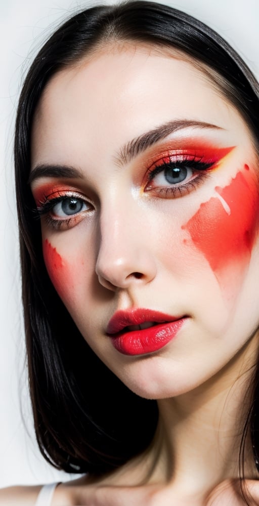 woman, beautiful face, perfect face, colorful eyes fully black hair, pale white skin, sexy marks, perfect, fully white abstract background, shiny red accessories, best quality, clear texture, details, canon eos 80d photo, light makeup