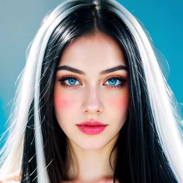 woman, beautiful face, perfect face, colorful eyes fully black hair, pale white skin, sexy marks, perfect, fully white abstract background, shiny blue accessories, blue theme, best quality, clear texture, details, canon eos 80d photo, light makeu, (mid parted straight hair: 1.1)