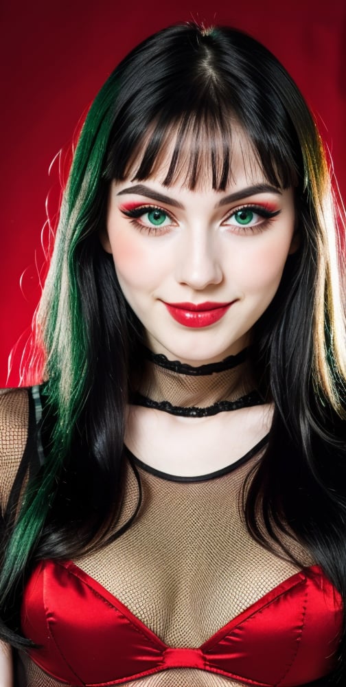 woman, beautiful face, perfect face, colorful eyes fully black hair, pale white skin, sexy marks, perfect, green bright red abstract background, shiny accessories, best quality, clear texture, details, canon eos 80d photo, very little light makeup, black fishnet and strings costume, smile, upper body, small chest