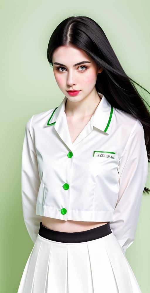 woman, beautiful face perfect face colorful eyes, black hair, straight long middle parted hairstyle, pale white skin, sexy marks, perfect, fully white abstract background, shiny green accessories, best quality, clear texture, details, canon eos 80d photo, light makeup, green theme, (green and white-background: 1.0), school uniform, saturated