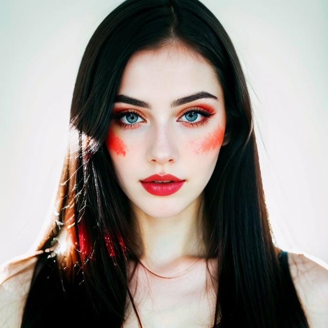 woman, beautiful face, perfect face, colorful eyes fully black hair, pale white skin, sexy marks, perfect, fully white abstract background, shiny red accessories, red theme, best quality, clear texture, details, canon eos 80d photo, light makeu, (mid parted straight hair: 0.9)