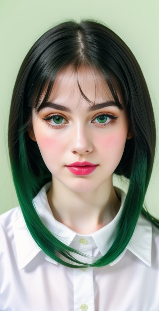 woman, beautiful face perfect face colorful eyes, black hair, straight long middle parted hairstyle, pale white skin, sexy marks, perfect, fully white abstract background, shiny green accessories, best quality, clear texture, details, canon eos 80d photo, light makeup, green theme, (green and white-background: 1.0), school uniform, saturated