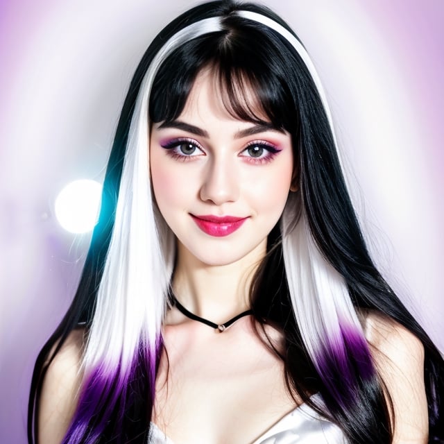 woman, beautiful face, perfect face, colorful eyes fully black hair, pale white skin, sexy marks, perfect, fully white abstract background, shiny purple accessories, purple theme, best quality, clear texture, details, canon eos 80d photo, light makeu, (mid parted straight hair: 0.7), smile, (white-background: 0.8)