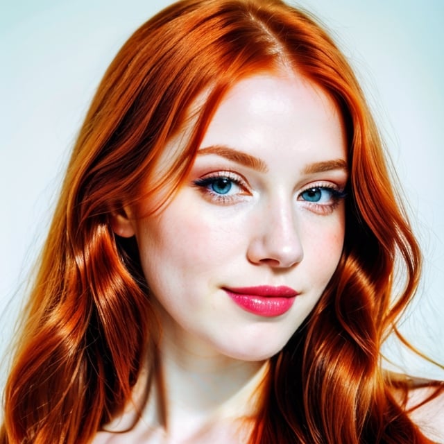 woman, beautiful face, perfect face, colorful eyes fully redhead ginger hair, pale white skin, sexy marks, perfect, fully white abstract background, shiny accessories, blue theme, best quality, clear white texture, details, canon eos 80d photo, light makeup, (mid parted straight hair: 1.1), smile, (purple-background: 1.1)