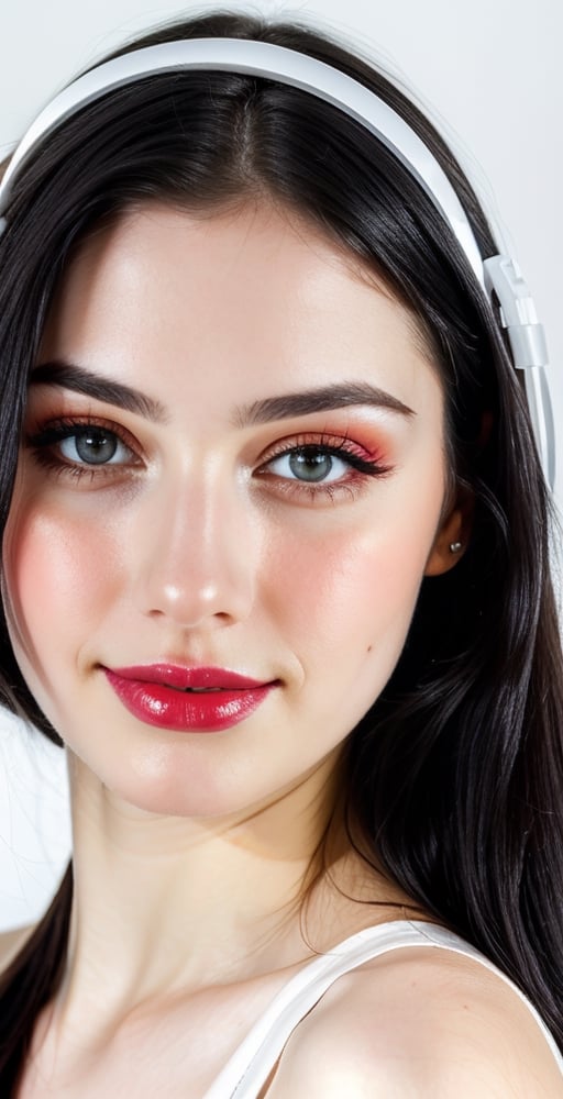 woman, beautiful face, perfect face, colorful eyes fully black hair, pale white skin, little smile, sexy, perfect, face shot, fully white abstract background, shiny red accessories, best quality, clear texture, details, canon eos 80d photo, light makeup