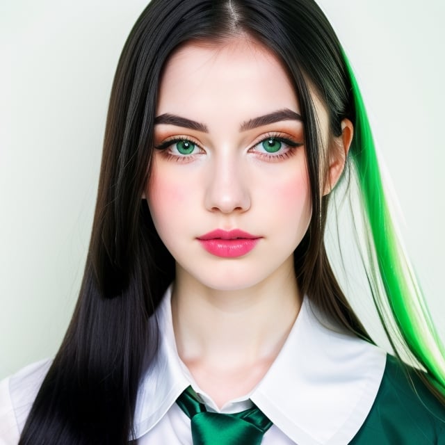 woman, beautiful face perfect face colorful eyes, black hair, straight long middle parted hairstyle, pale white skin, sexy marks, perfect, fully white abstract background, shiny green accessories, best quality, clear texture, details, canon eos 80d photo, light makeup, green theme, (green and white-background: 1.0), school uniform, saturated