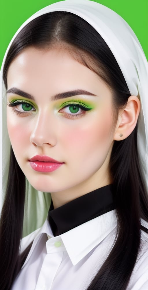 woman, beautiful face perfect face colorful eyes, black hair, straight long middle parted hairstyle, pale white skin, sexy marks, perfect, fully white abstract background, shiny green accessories, best quality, clear texture, details, canon eos 80d photo, light makeup, green theme, (green and white-background: 1.0), school uniform, saturated