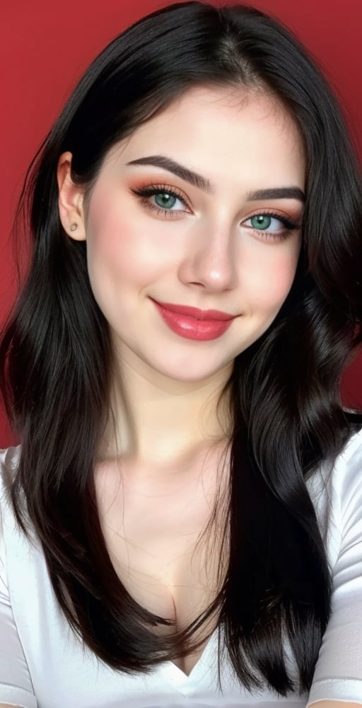 woman, beautiful face, perfect face, colorful eyes fully black hair, pale white skin, sexy marks, perfect, 
smile
(shiny_emerald_accessories: 1.0), light makeup, tigh shirt on chest
(red_background: 1.2), 
best quality, clear texture, details, canon eos 80d photo, 