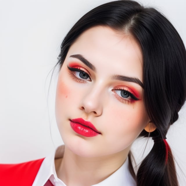 woman, beautiful face perfect face colorful eyes, black hair, straight long middle parted hairstyle, pale white skin, sexy marks, perfect, fully white abstract background, shiny red accessories, best quality, clear texture, details, canon eos 80d photo, light makeup, red theme, (red and white-background: 1.0), school uniform, saturated