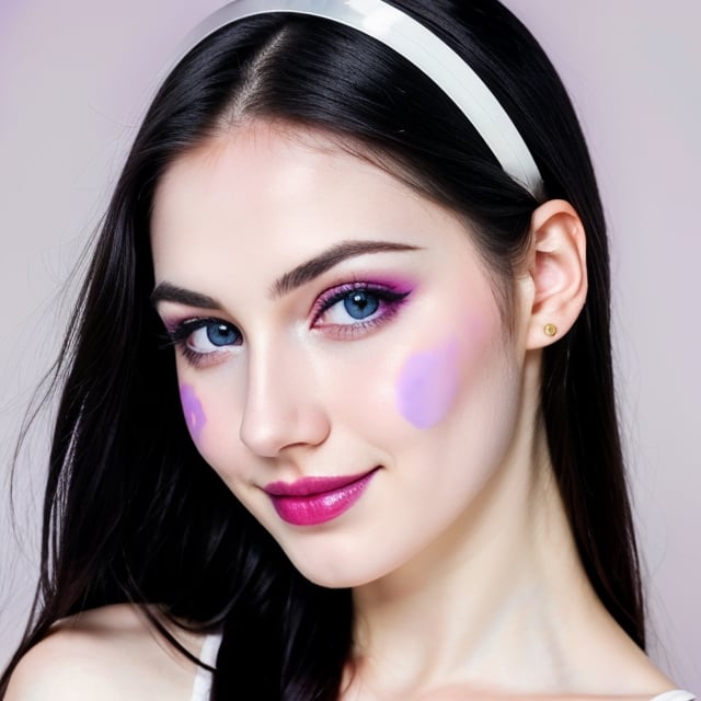 woman, beautiful face, perfect face, colorful eyes fully black hair, pale white skin, sexy marks, perfect, fully white abstract background, shiny purple accessories, purple theme, best quality, clear texture, details, canon eos 80d photo, light makeu, (mid parted straight hair: 0.7), smile, (white-background: 0.8)