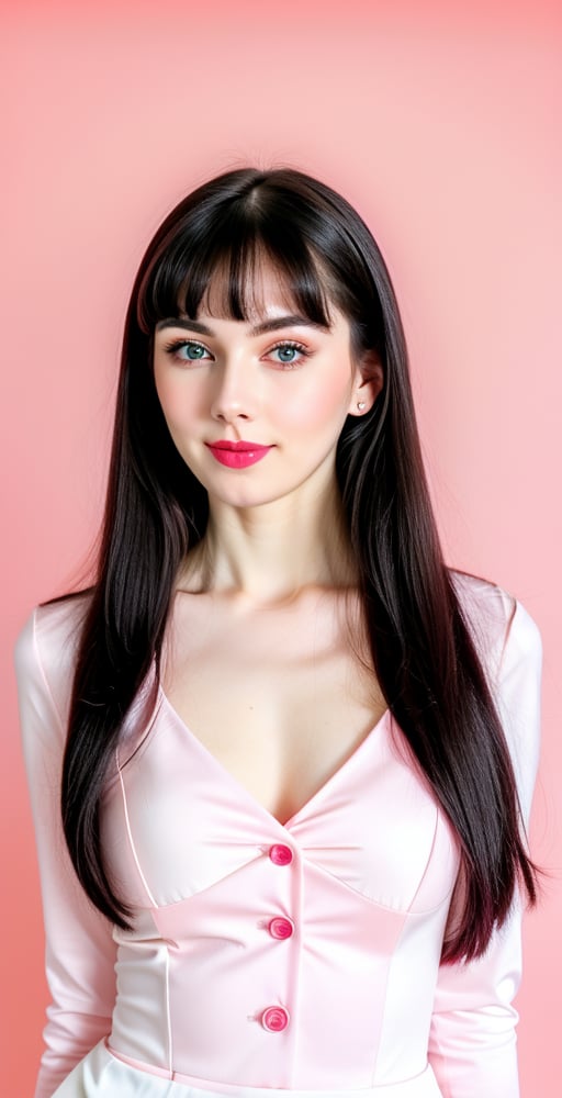 





woman, blue eyes, straight middle parted hairstyle, fully side splitted front bangs, dark black hair, super beauty marks, pale white skin, best quality, clear texture, details, canon eos 80d photo, light makeup, (pink red color background theme: 1.3), (pale white skin:1.1), professional coloring photo, (sexy style business woman outfit:1.1), (pale white skin:1.1), smile