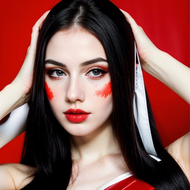 woman, beautiful face, perfect face, colorful eyes fully black hair, pale white skin, sexy marks, perfect, fully white abstract background, shiny red accessories, red theme, best quality, clear texture, details, canon eos 80d photo, light makeu, (mid parted straight hair: 0.9)