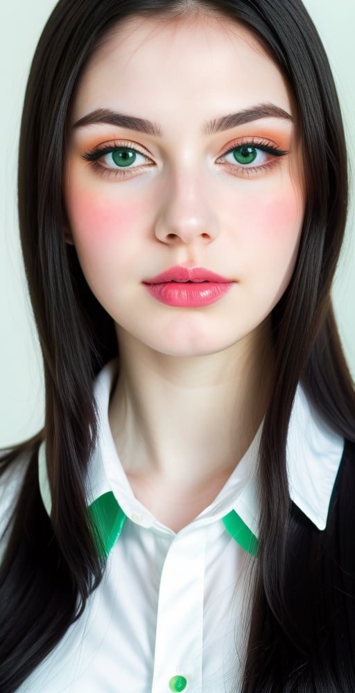 woman, beautiful face perfect face colorful eyes, black hair, straight long middle parted hairstyle, pale white skin, sexy marks, perfect, fully white abstract background, shiny green accessories, best quality, clear texture, details, canon eos 80d photo, light makeup, green theme, (green and white-background: 1.0), school uniform, saturated