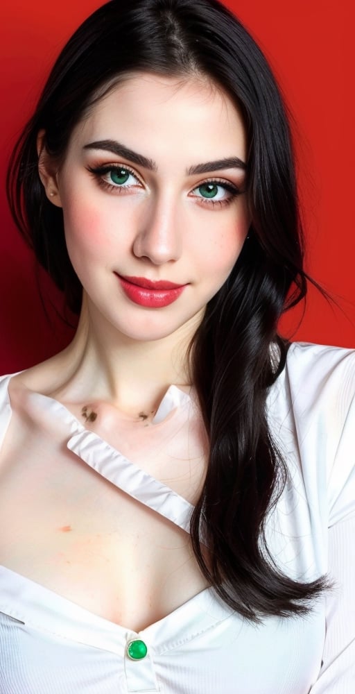 woman, beautiful face, perfect face, colorful eyes fully black hair, pale white skin, sexy marks, perfect, 
smile
(shiny_emerald_accessories: 1.0), light makeup, tigh shirt on chest
fully white abstract background,  (red_background: 1.2), 
best quality, clear texture, details, canon eos 80d photo, 