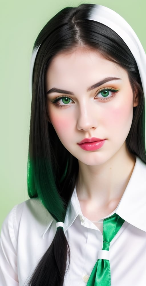 woman, beautiful face perfect face colorful eyes, black hair, straight long middle parted hairstyle, pale white skin, sexy marks, perfect, fully white abstract background, shiny green accessories, best quality, clear texture, details, canon eos 80d photo, light makeup, green theme, (green and white-background: 1.0), school uniform, saturated