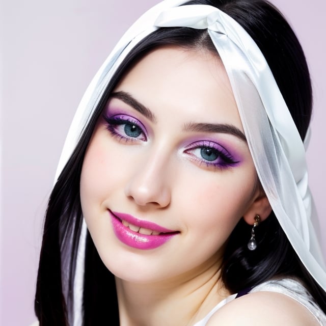 woman, beautiful face, perfect face, colorful eyes fully black hair, pale white skin, sexy marks, perfect, fully white abstract background, shiny purple accessories, purple theme, best quality, clear texture, details, canon eos 80d photo, light makeu, (mid parted straight hair: 0.7), smile, (white-background: 0.8)