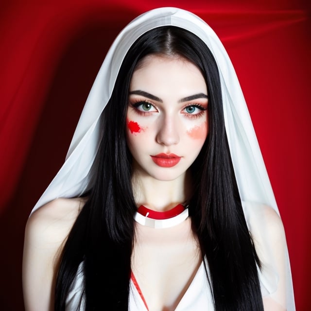 woman, beautiful face, perfect face, colorful eyes fully black hair, pale white skin, sexy marks, perfect, fully white abstract background, shiny red accessories, red theme, best quality, clear texture, details, canon eos 80d photo, light makeu, (mid parted straight hair: 0.9)