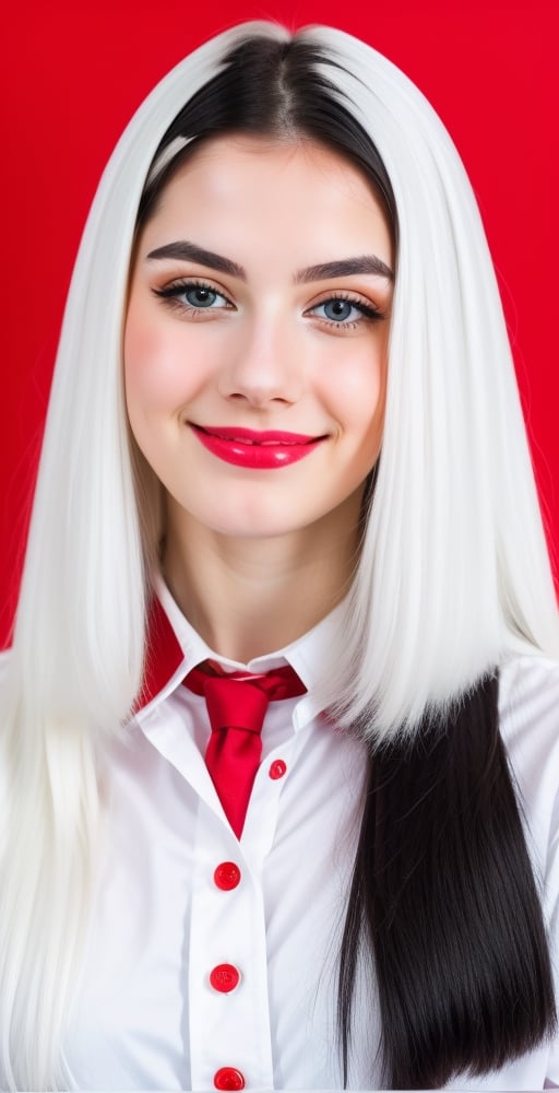 woman, beautiful face perfect face colorful eyes, black hair, straight long middle parted hairstyle, pale white skin, sexy marks, perfect, fully white abstract background, shiny red accessories, best quality, clear texture, details, canon eos 80d photo, light makeup, red theme, (red and white-background: 1.0), school uniform, saturated, smile