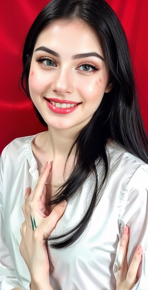 woman, beautiful face, perfect face, colorful eyes fully black hair, pale white skin, sexy marks, perfect, 
smile
(shiny_emerald_accessories: 1.0), light makeup, tigh shirt on chest
(red_background: 1.2), 
best quality, clear texture, details, canon eos 80d photo, 