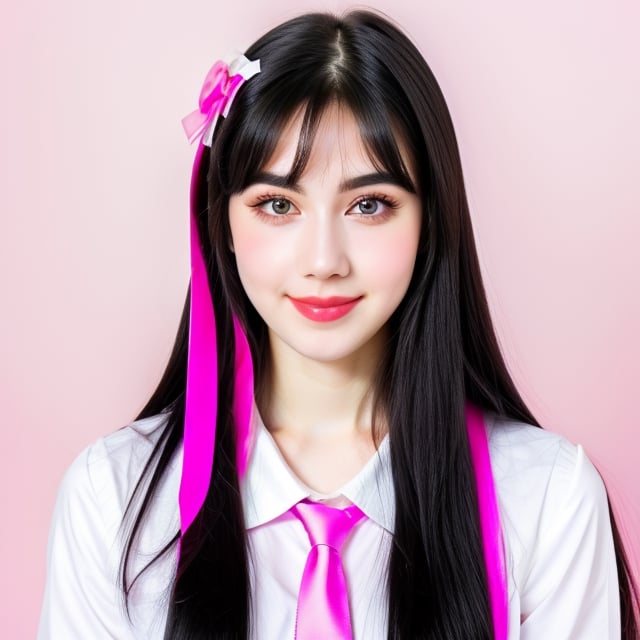 woman, beautiful face perfect face colorful eyes, black hair, straight long middle parted hairstyle, pale white skin, sexy marks, perfect, fully white abstract background, shiny pink accessories, best quality, clear texture, details, canon eos 80d photo, light makeup, pink theme, (pink and white-background: 1.1), school uniform, smile