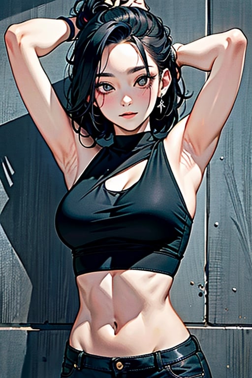 ((Best quality, 8k, Masterpiece :1.3)), 1girl, Pretty woman with emphasizing slender abs :1.3, (random hairstyles :1.2), Oversized tank top :1.2, Ultra-detailed face, Detailed eyes, Double eyelid, armpit