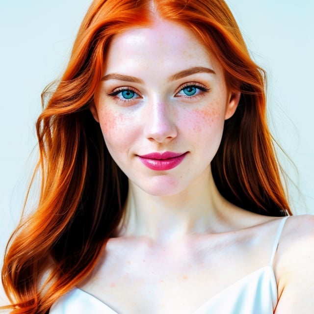 woman, beautiful face, perfect face, colorful eyes fully redhead ginger hair, pale white skin, sexy marks, perfect, fully white abstract background, shiny accessories, blue theme, best quality, clear white texture, details, canon eos 80d photo, light makeup, (mid parted straight hair: 1.1), smile, (purple-background: 1.1)