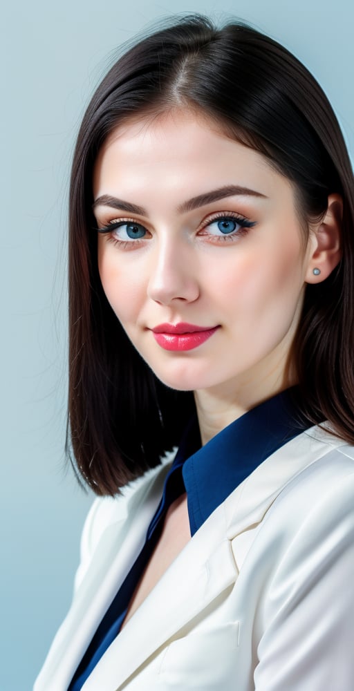 





woman, russian woman, blue eyes, straight short middle parted hairstyle, long dark black hair, super beauty marks, pale white skin, best quality, clear texture, details, canon eos 80d photo, light makeup, (blue color background theme: 1.3), (pale white skin:1.1), professional coloring photo, (sexy style business woman outfit:1.1), (pale white skin:1.1), smile