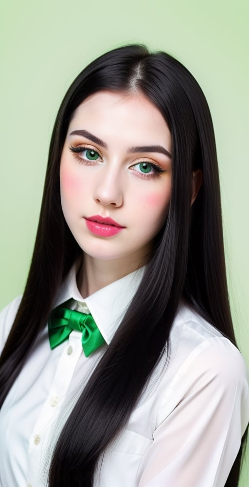 woman, beautiful face perfect face colorful eyes, black hair, straight long middle parted hairstyle, pale white skin, sexy marks, perfect, fully white abstract background, shiny green accessories, best quality, clear texture, details, canon eos 80d photo, light makeup, green theme, (green and white-background: 1.0), school uniform, saturated