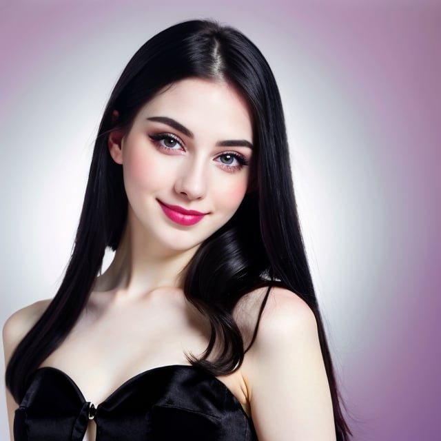 woman, beautiful face, perfect face, colorful eyes fully black hair, pale white skin, sexy marks, perfect, fully white abstract background, shiny purple accessories, purple theme, best quality, clear texture, details, canon eos 80d photo, light makeu, (mid parted straight hair: 0.7), smile, (white-background: 0.8)