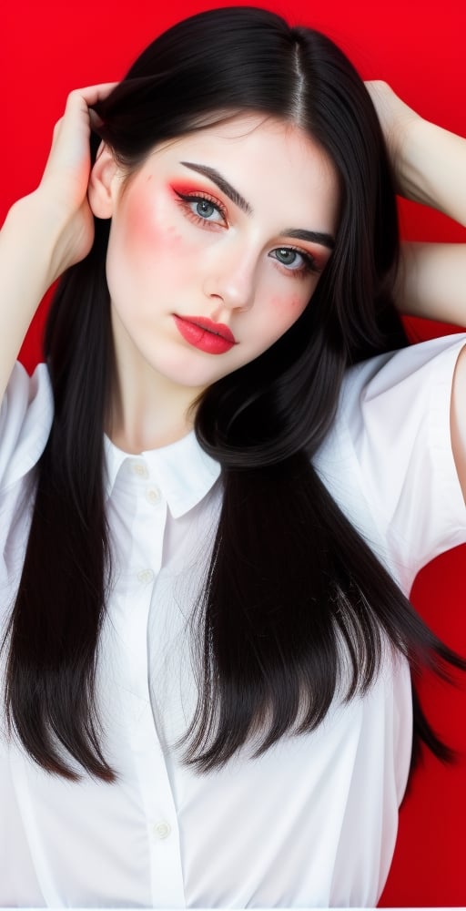 woman, beautiful face perfect face colorful eyes, black hair, straight long middle parted hairstyle, pale white skin, sexy marks, perfect, fully white abstract background, shiny red accessories, best quality, clear texture, details, canon eos 80d photo, light makeup, red theme, (red and white-background: 1.0), school uniform, saturated