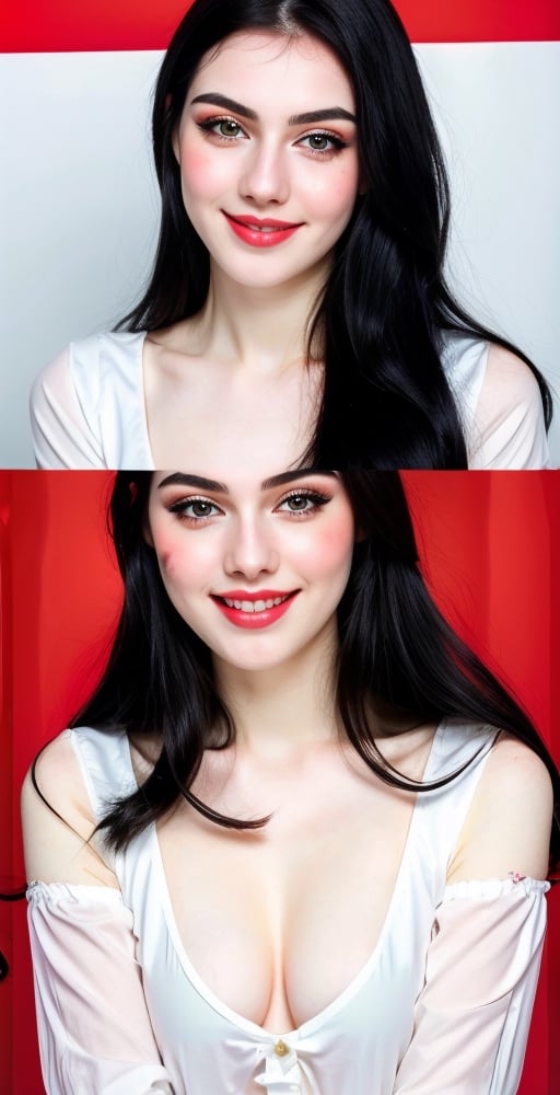 woman, beautiful face, perfect face, colorful eyes fully black hair, pale white skin, sexy marks, perfect, 
smile
(shiny_emerald_accessories: 1.0), light makeup, tigh shirt on chest
fully white abstract background,  (red_background: 1.2), 
best quality, clear texture, details, canon eos 80d photo, 