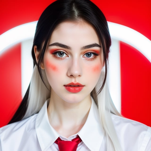 woman, beautiful face perfect face colorful eyes, black hair, straight long middle parted hairstyle, pale white skin, sexy marks, perfect, fully white abstract background, shiny red accessories, best quality, clear texture, details, canon eos 80d photo, light makeup, red theme, (red and white-background: 1.0), school uniform, saturated