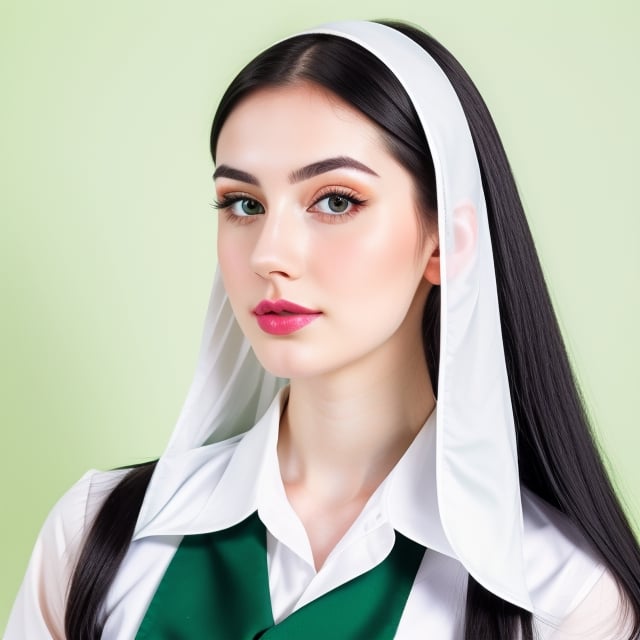 woman, beautiful face perfect face colorful eyes, black hair, straight long middle parted hairstyle, pale white skin, sexy marks, perfect, fully white abstract background, shiny green accessories, best quality, clear texture, details, canon eos 80d photo, light makeup, green theme, (green and white-background: 1.0), school uniform, saturated