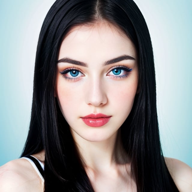 woman, beautiful face, perfect face, colorful eyes fully black hair, pale white skin, sexy marks, perfect, fully white abstract background, shiny blue accessories, blue theme, best quality, clear texture, details, canon eos 80d photo, light makeu, (mid parted straight hair: 1.1)