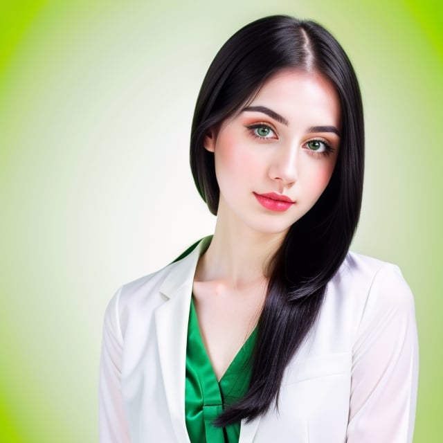 woman, beautiful face perfect face colorful eyes, black hair, straight long middle parted hairstyle, pale white skin, sexy marks, perfect, fully white abstract background, shiny green accessories, best quality, clear texture, details, canon eos 80d photo, light makeup, green theme, (green and white-background: 1.0), school uniform, saturated