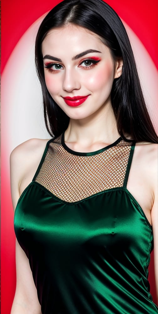 woman, beautiful face, perfect face, colorful eyes fully black hair, pale white skin, sexy marks, perfect, green bright red abstract background, shiny accessories, best quality, clear texture, details, canon eos 80d photo, very little light makeup, black fishnet and strings costume, smile, upper body, small chest