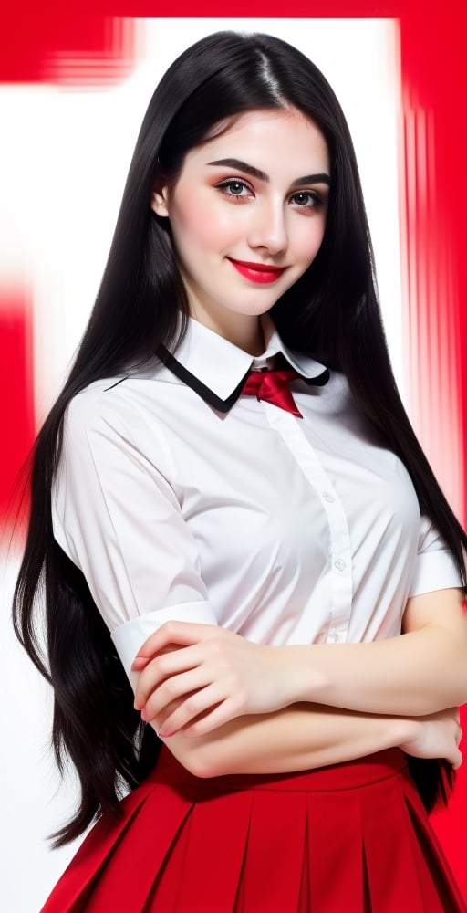 woman, beautiful face perfect face colorful eyes, black hair, straight long middle parted hairstyle, pale white skin, sexy marks, perfect, fully white abstract background, shiny red accessories, best quality, clear texture, details, canon eos 80d photo, light makeup, red theme, (red and white-background: 1.0), school uniform, saturated, smile