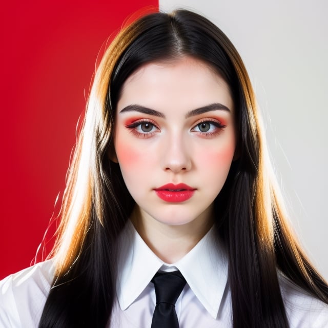 woman, beautiful face perfect face colorful eyes, black hair, straight long middle parted hairstyle, pale white skin, sexy marks, perfect, fully white abstract background, shiny red accessories, best quality, clear texture, details, canon eos 80d photo, light makeup, red theme, (red and white-background: 1.0), school uniform, saturated