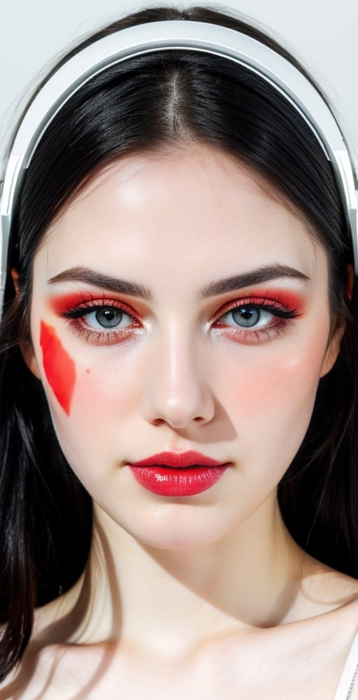 woman, beautiful face, perfect face, colorful eyes fully black hair, pale white skin, sexy marks, perfect, fully white abstract background, shiny red accessories, best quality, clear texture, details, canon eos 80d photo, light makeup