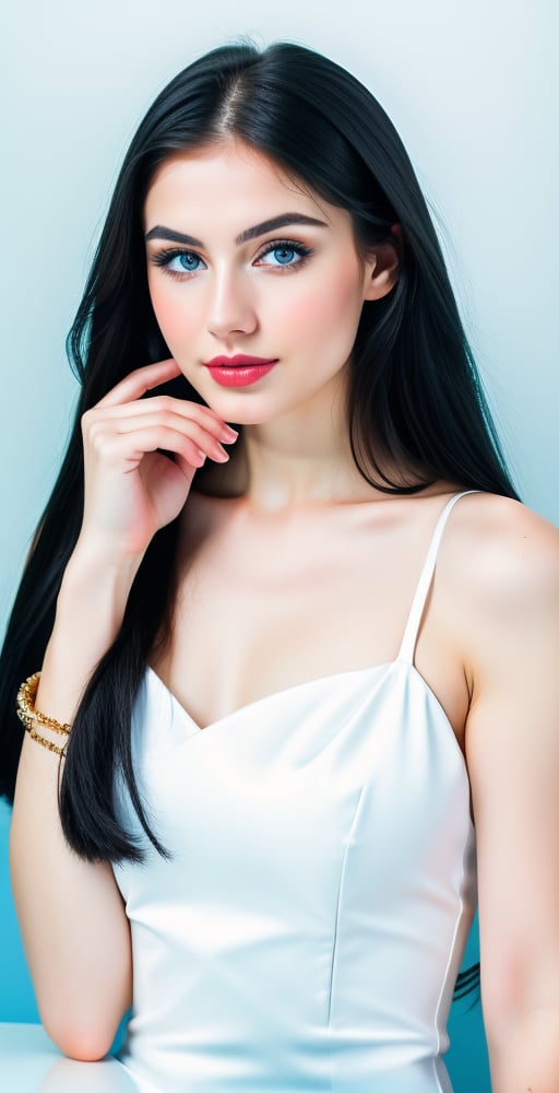 russian woman, beautiful face perfect face, blue pretty eyes, black hair, super straight long middle parted hairstyle, pale white skin, sexy marks, perfect, fully white abstract background, shiny golden accessories, best quality, clear texture, details, canon eos 80d photo, light makeup, blue theme, (blue-background: 1.1), exposed formal woman business suit, clear footage, hand cross pose