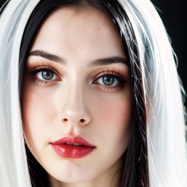 woman, beautiful face, perfect face, colorful eyes fully black hair, pale white skin, sexy marks, perfect, fully white abstract background, shiny red accessories, red theme, best quality, clear texture, details, canon eos 80d photo, light makeu, (mid parted straight hair: 0.9)