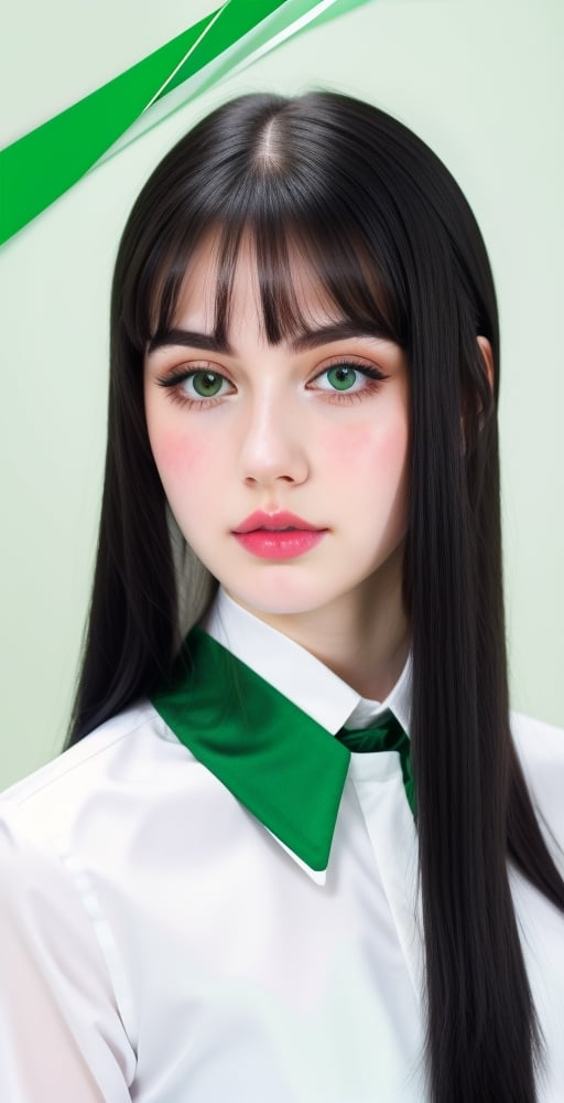 woman, beautiful face perfect face colorful eyes, black hair, straight long middle parted hairstyle, pale white skin, sexy marks, perfect, fully white abstract background, shiny green accessories, best quality, clear texture, details, canon eos 80d photo, light makeup, green theme, (green and white-background: 1.0), school uniform, saturated