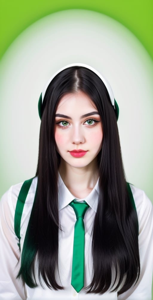 woman, beautiful face perfect face colorful eyes, black hair, straight long middle parted hairstyle, pale white skin, sexy marks, perfect, fully white abstract background, shiny green accessories, best quality, clear texture, details, canon eos 80d photo, light makeup, green theme, (green and white-background: 1.0), school uniform, saturated