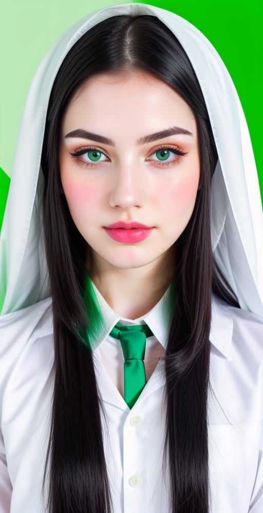 woman, beautiful face perfect face colorful eyes, black hair, straight long middle parted hairstyle, pale white skin, sexy marks, perfect, fully white abstract background, shiny green accessories, best quality, clear texture, details, canon eos 80d photo, light makeup, green theme, (green and white-background: 1.0), school uniform, saturated