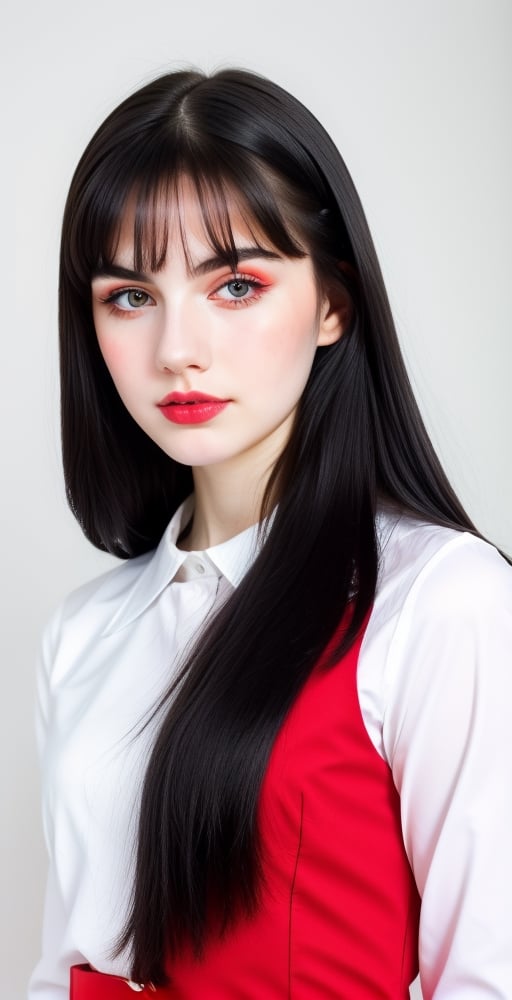 woman, beautiful face perfect face colorful eyes, black hair, straight long middle parted hairstyle, pale white skin, sexy marks, perfect, fully white abstract background, shiny red accessories, best quality, clear texture, details, canon eos 80d photo, light makeup, red theme, (red and white-background: 1.0), school uniform, saturated