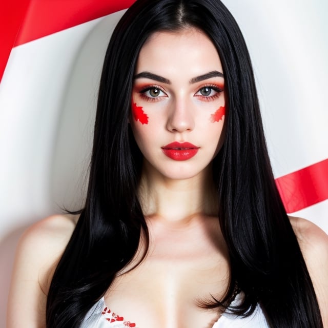 woman, beautiful face, perfect face, colorful eyes fully black hair, pale white skin, sexy marks, perfect, fully white abstract background, shiny red accessories, red theme, best quality, clear texture, details, canon eos 80d photo, light makeu, (mid parted straight hair: 0.9)