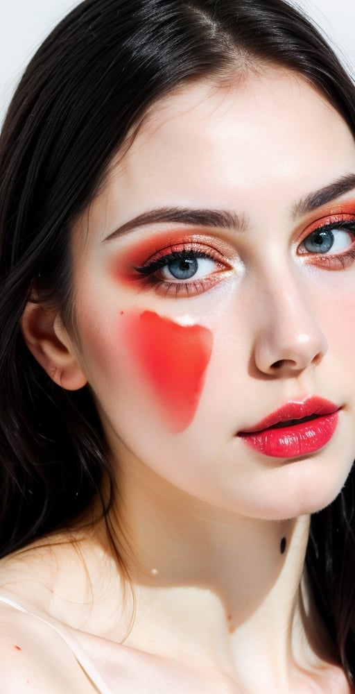 woman, beautiful face, perfect face, colorful eyes fully black hair, pale white skin, sexy marks, perfect, fully white abstract background, shiny red accessories, best quality, clear texture, details, canon eos 80d photo, light makeup